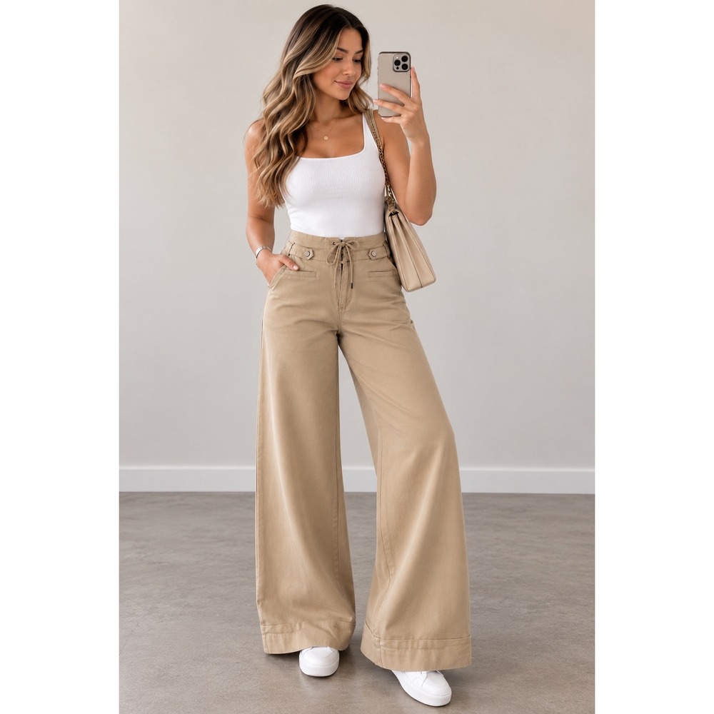 Cartonnier Anthropologie Khaki Wide Leg Lace Up Back Pants Tan Size 6